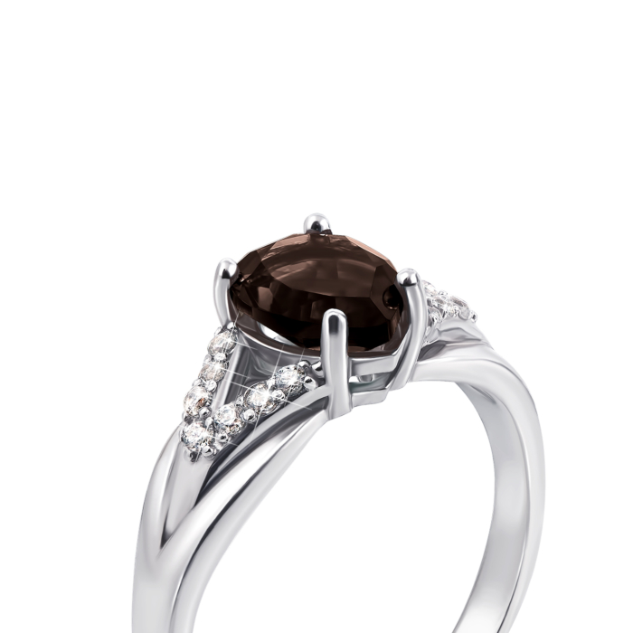 Срібна каблучка з димчастим кварцом і фіанітами. Артикул 1937/9р