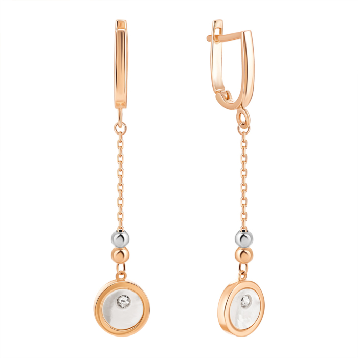 Золотые серьги-подвески с перламутром и фианитом. Артикул UG52/10/137