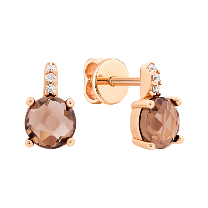 Золоті пусети з димчастим кварцом та фіанітами. Артикул UG52/50/361