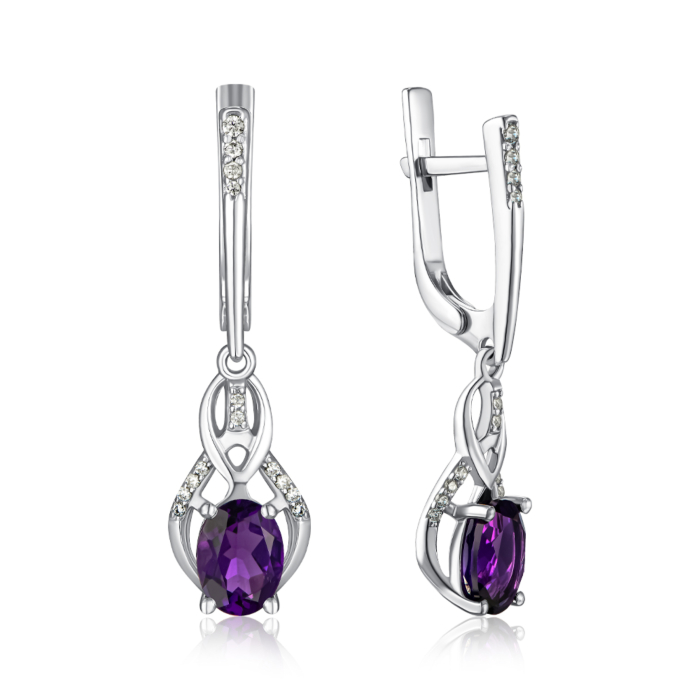 Срібні сережки з аметистом та фіанітами. Артикул 2043/1р-AMET