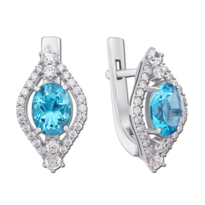 Срібні сережки з блакитним кварцом і фіанітами. Артикул 2053/9р