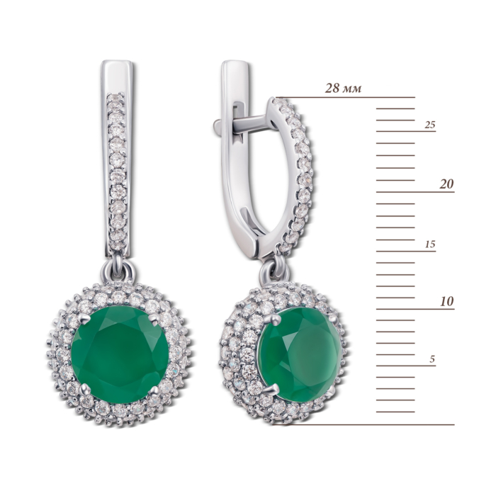 Серебряные серьги-подвески с зеленым агатом и фианитами. Артикул 2058/9р