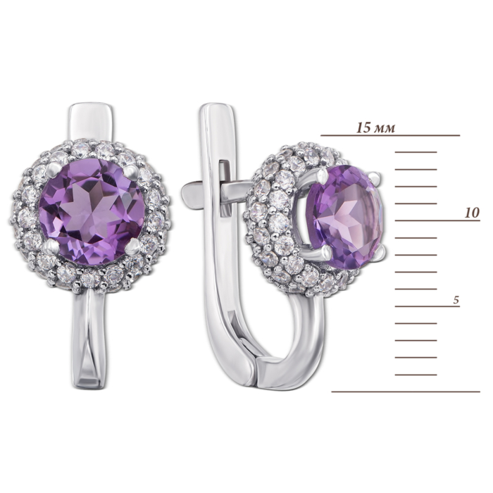 Срібні сережки з аметистом і фіанітами. Артикул 2071/9р