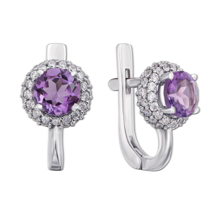 Срібні сережки з аметистом і фіанітами. Артикул 2071/9р