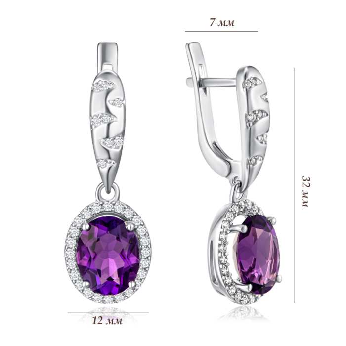 Срібні сережки з аметистом та фіанітами. Артикул 2098/1р-AMET