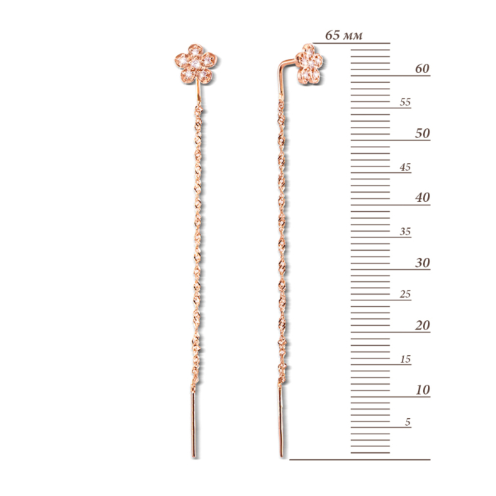 Золотые серьги-протяжки (продевки) с фианитами. Артикул 21041