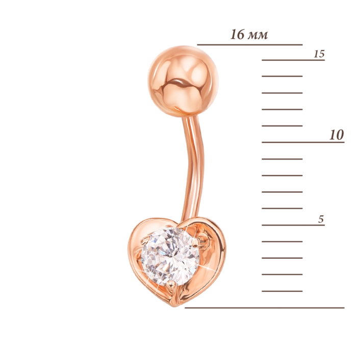 Золота сережка-пірсинг «Сердечко» з фіанітом. Артикул 21072