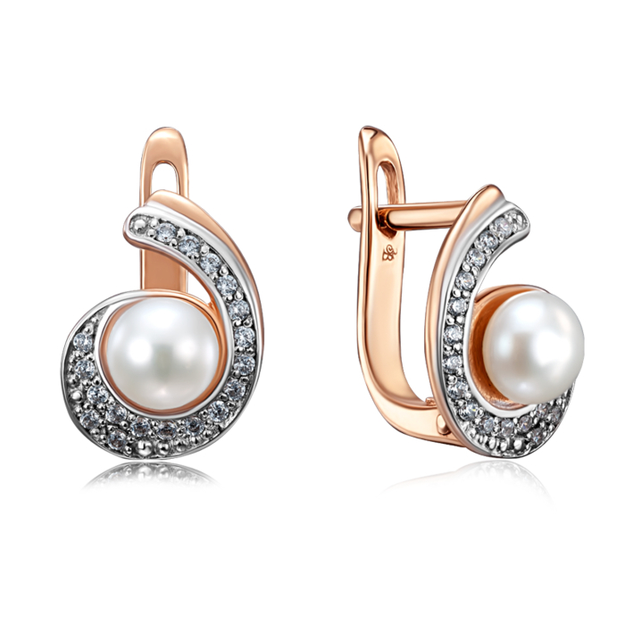 Золоті сережки з перлами і фіанітами. Артикул 21076/01/1/1940