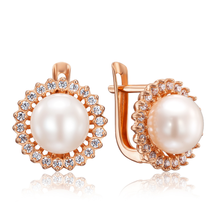 Золотые серьги с жемчугом и фианитами. Артикул 21084/01/0/1710