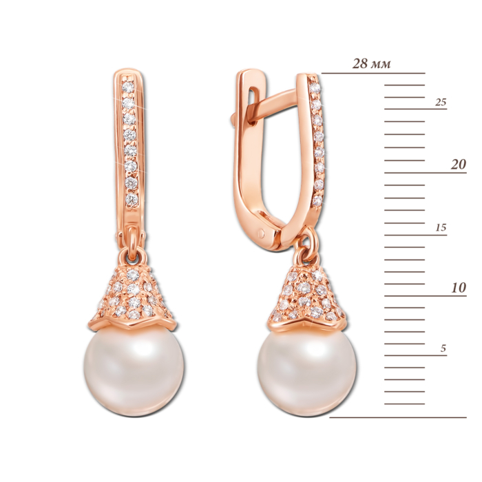 Золоті сережки-підвіски з перлами і фіанітами. Артикул 21087 п