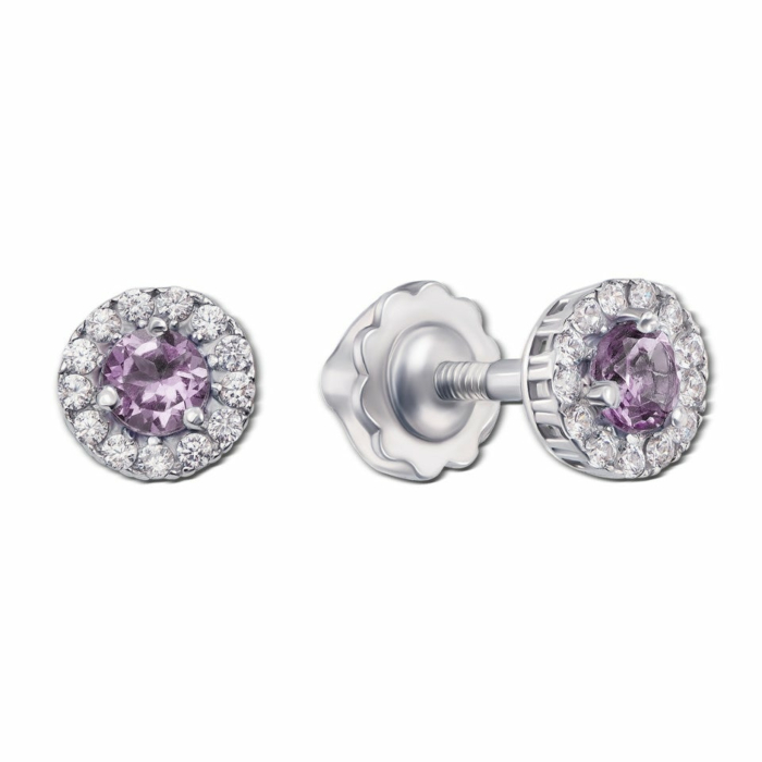 Серебряные пуссеты с аметистом и фианитами. Артикул UG52111/9р-AMT