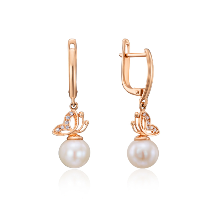 Золотые серьги-подвески с жемчугом и фианитами. Артикул 21127/01/0/544 (21127 кп)