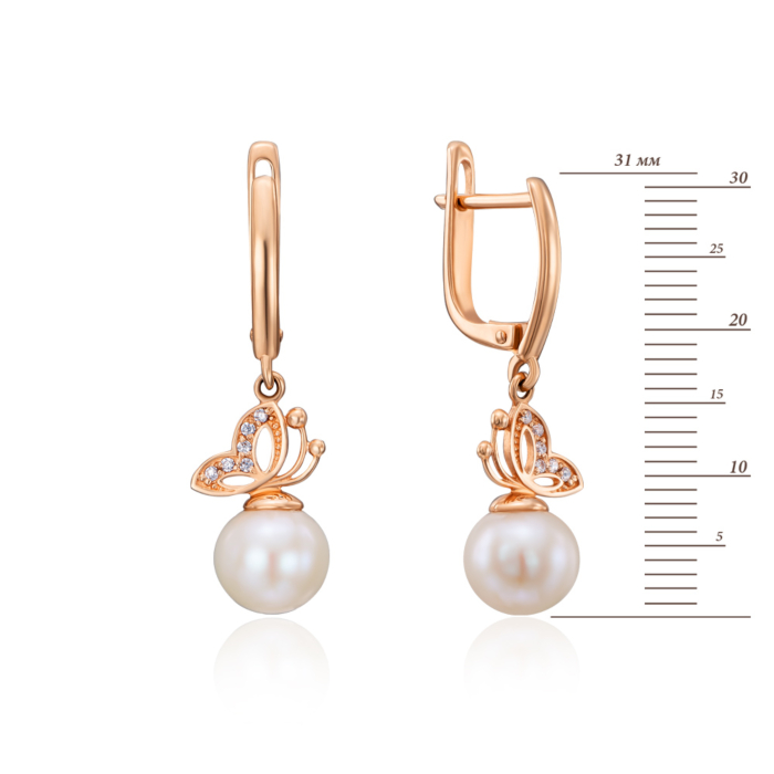 Золотые серьги-подвески с жемчугом и фианитами. Артикул 21127/01/0/544 (21127 кп)