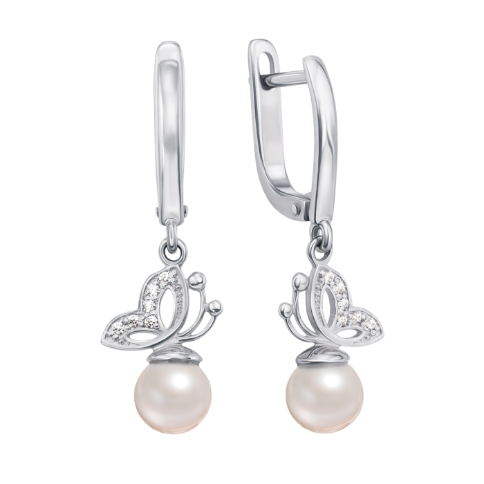 Золоті сережки-підвіски з перлами і фіанітами. Артикул 21127/б