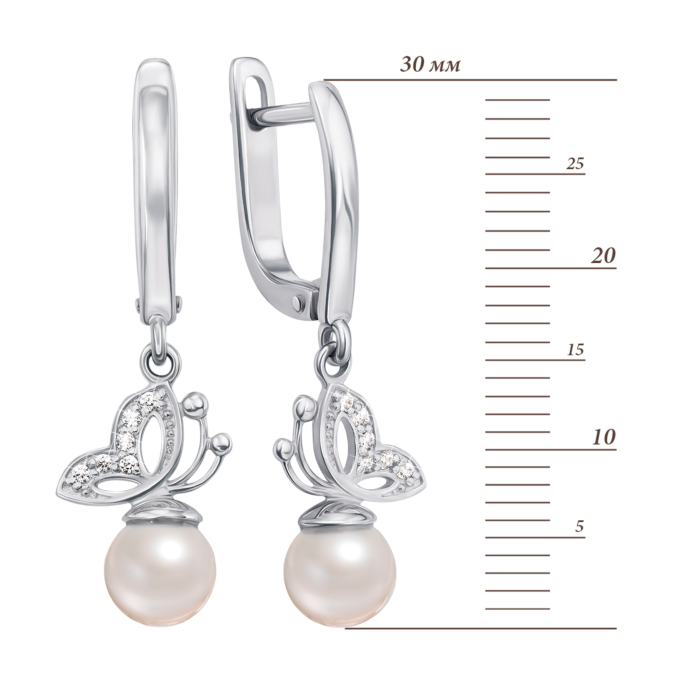 Золоті сережки-підвіски з перлами і фіанітами. Артикул 21127/б