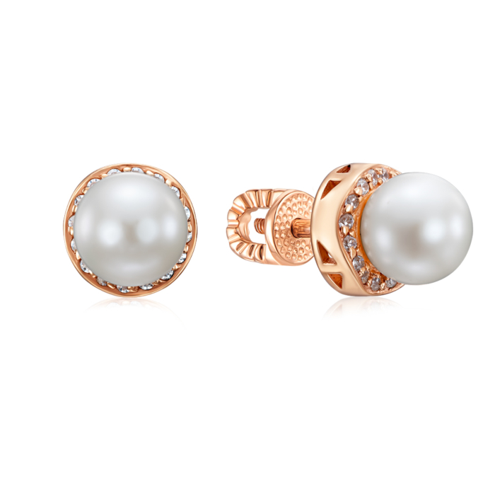 Золотые пуссеты с жемчугом и фианитами. Артикул 21239/01/0/544