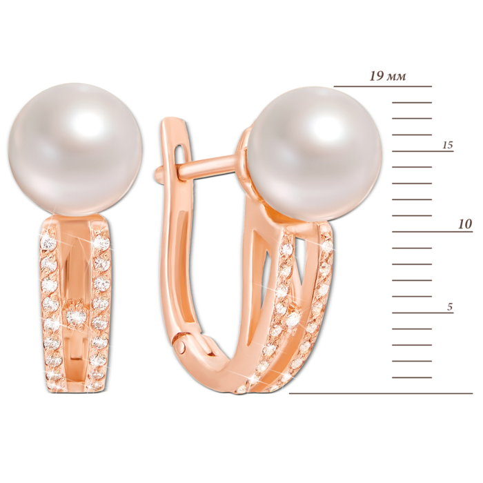 Золотые серьги с жемчугом и фианитами. Артикул 21245 к