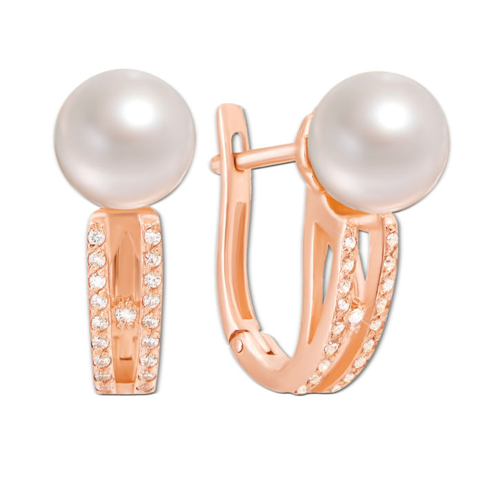 Золотые серьги с жемчугом и фианитами. Артикул 21245 к