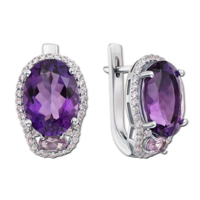 Срібні сережки з аметистом і фіанітами. Артикул 2126/9р
