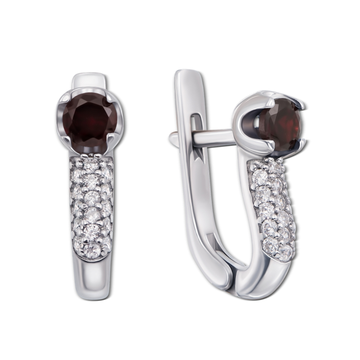 Срібні сережки з гранатом і фіанітами. Артикул 2129/9р