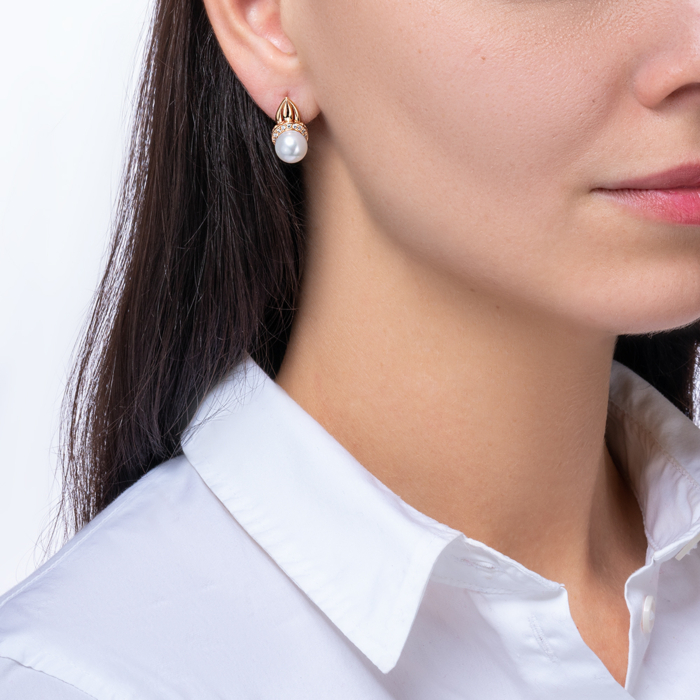 Золотые серьги с жемчугом и фианитами. Артикул 21316 к