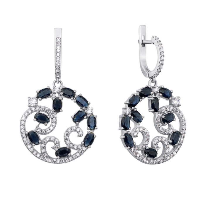 Срібні сережки-підвіски з гідротермальним сапфіром і фіанітами. Артикул 2133/9р