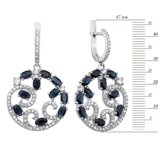 Срібні сережки-підвіски з гідротермальним сапфіром і фіанітами. Артикул 2133/9р