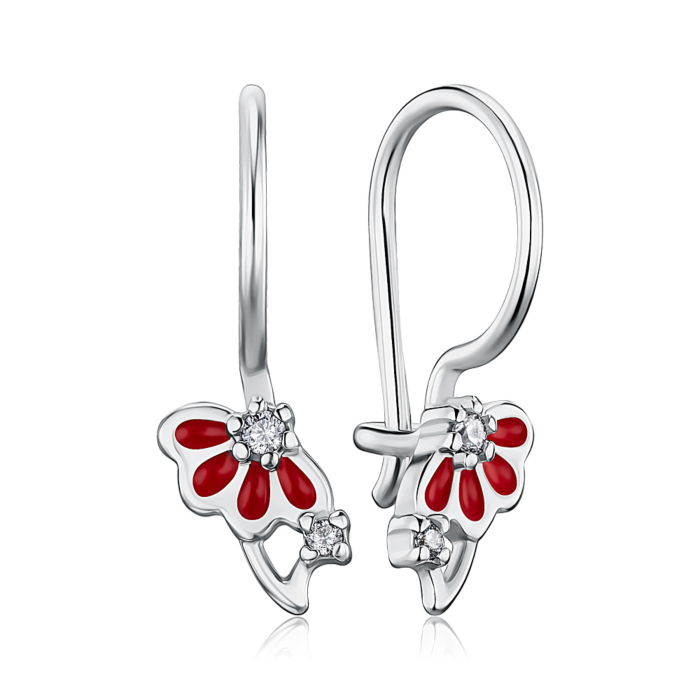Срібні сережки з фіанітами та червоною емаллю с21428