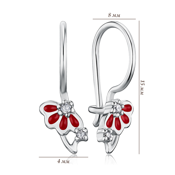 Срібні сережки з фіанітами та червоною емаллю с21428