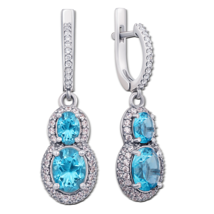Срібні сережки-підвіски з блакитним кварцом і фіанітами. Артикул 2152/9р