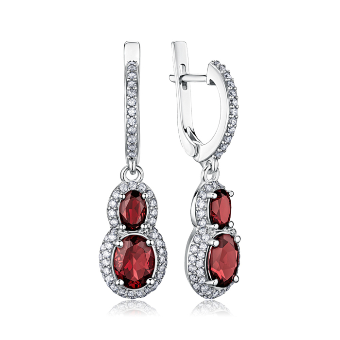 Срібні сережки з гранатом та фіанітами. Артикул 2152/9р-GAR