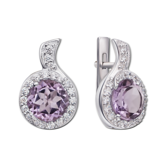 Срібні сережки з аметистом і фіанітами. Артикул 2163/9р