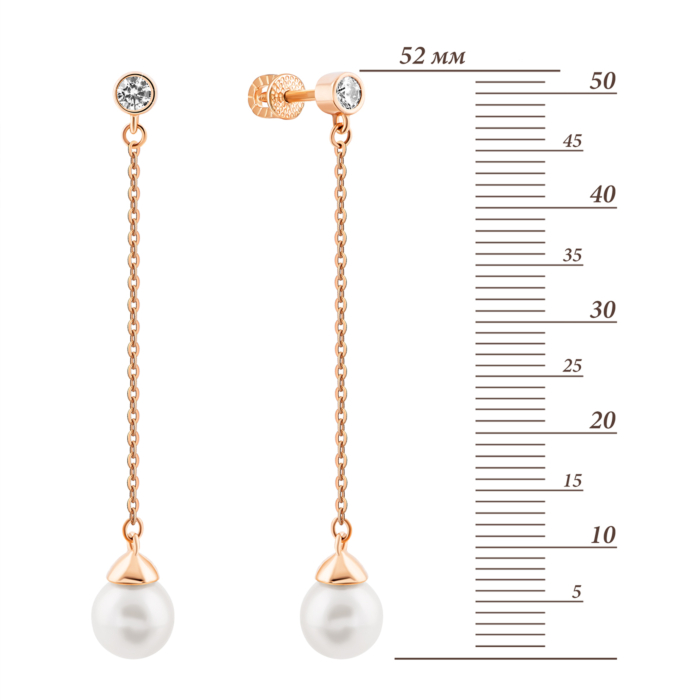 Золоті сережки-підвіски з перлами і фіанітами. Артикул UG521636/01/0/3428