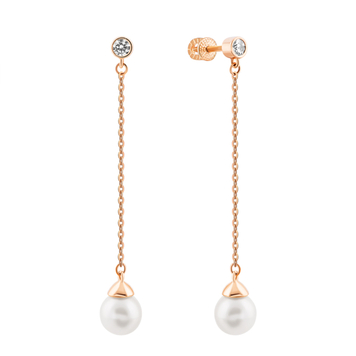 Золоті сережки-підвіски з перлами і фіанітами. Артикул UG521636/01/0/3428