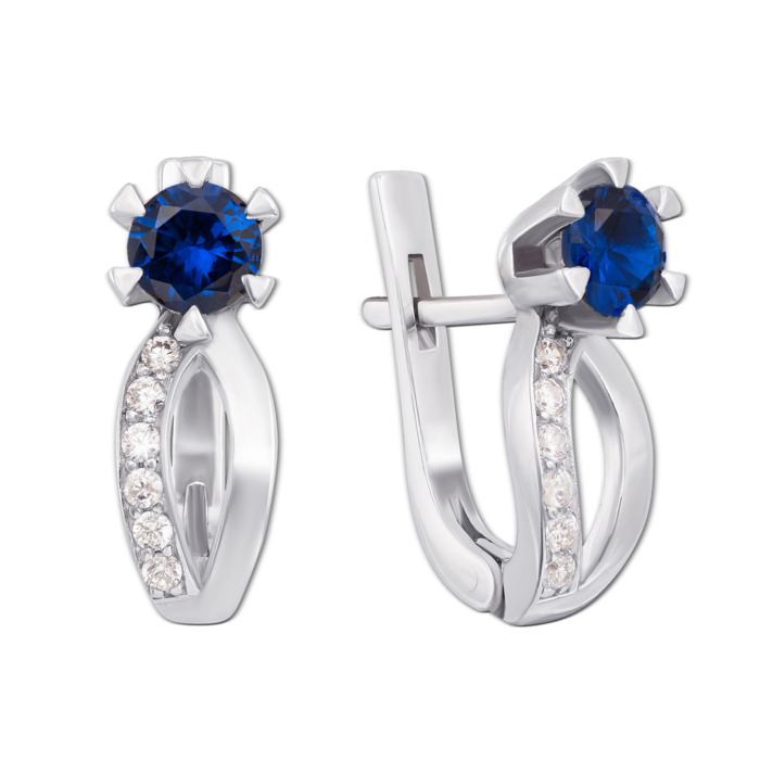 Срібні сережки з гідротермальним сапфіром і фіанітами. Артикул 2164/9р