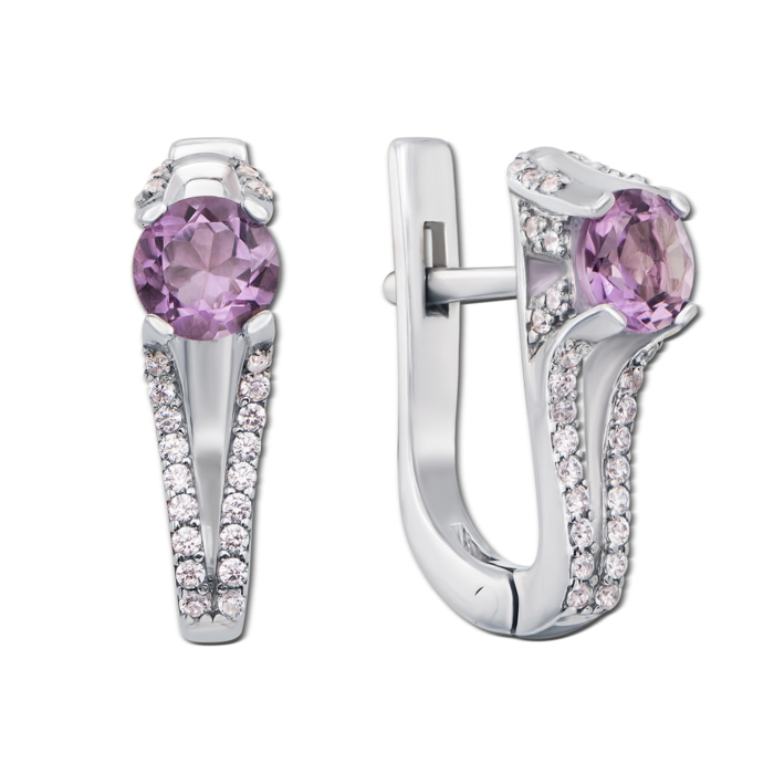 Срібні сережки з аметистом і фіанітами. Артикул 2166/9р