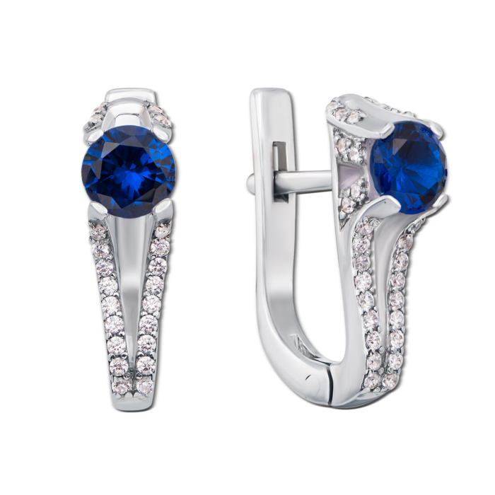 Срібні сережки з гидротермальним сапфіром і фіанітами. Артикул 2166/9р