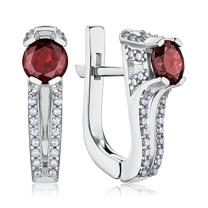 Серебряные серьги с гранатом и фианитами. Артикул 2166/9р-GAR