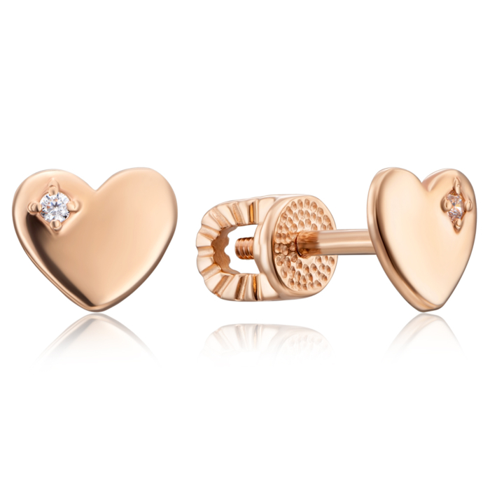 Золотые пуссеты «Сердце» с фианитами. Артикул 21672/375 (21672/08/0/13)