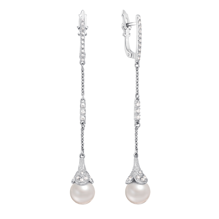 Золотые серьги-подвески с жемчугом и фианитами. Артикул 21679/02/1/136