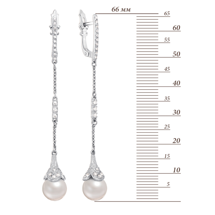 Золотые серьги-подвески с жемчугом и фианитами. Артикул 21679/02/1/136