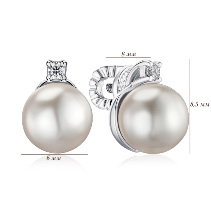 Серебряные серьги-пусcеты с искусственной жемчужиной и фианитом 21682/12/1/21383