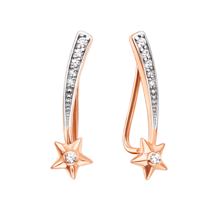 Золоті сережки-кафи «Зірки» з фіанітами. Артикул 21799/01/1/75
