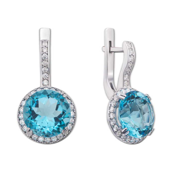 Серебряные серьги с голубым кварцем и фианитами. Артикул 2181/9р