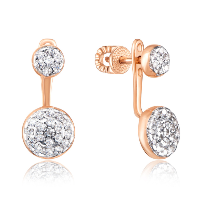 Золотые пуссеты-джекеты с фианитами. Артикул 21848/01/1/13