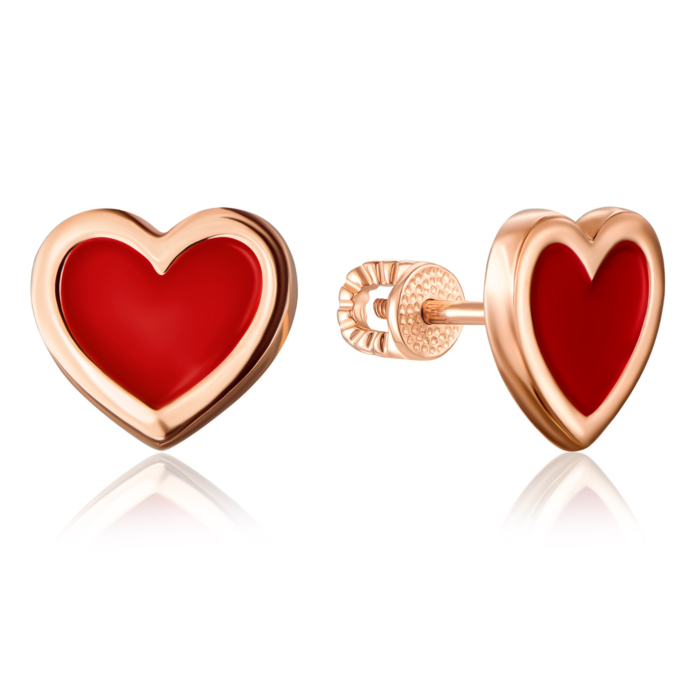 Золотые серьги пуссеты «Сердце» с эмалью. Артикул 21851/01/0/392