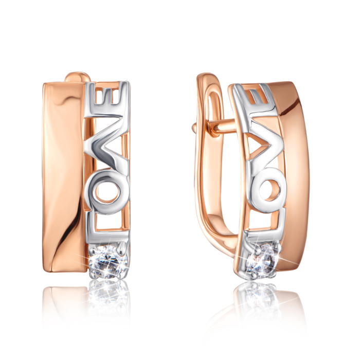 Золотые серьги «Love» с фианитом. Артикул 21857/01/1/28