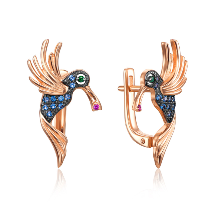 Золоті сережки «Колібрі» з фіанітами. Артикул 21869/01/0/1282