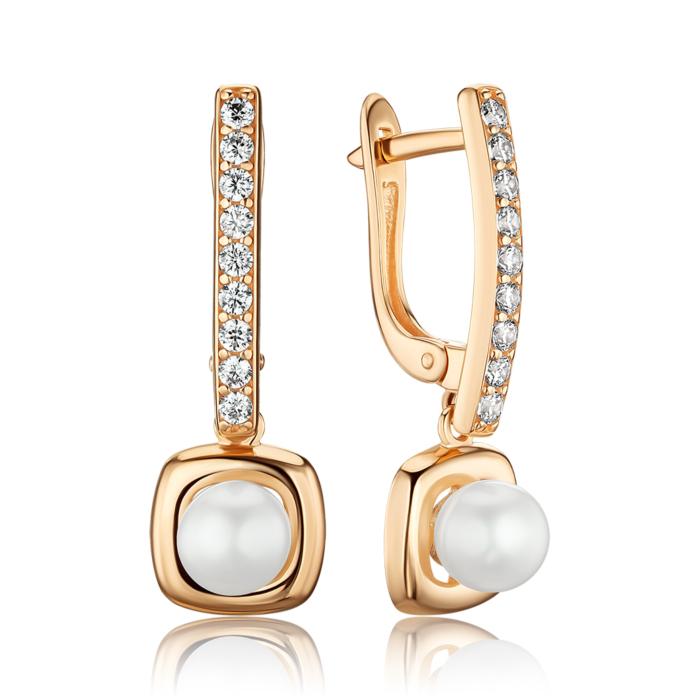 Золотые серьги с жемчугом и фианитами 2191983101