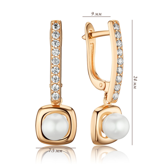 Золотые серьги с жемчугом и фианитами 2191983101